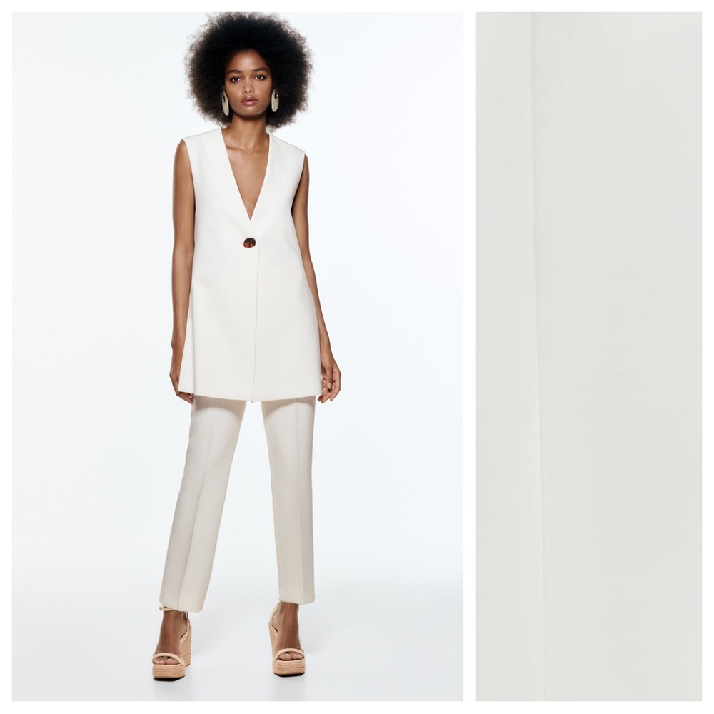 Zara Cream Sleeveless Long Vest with Deep V and Single Button